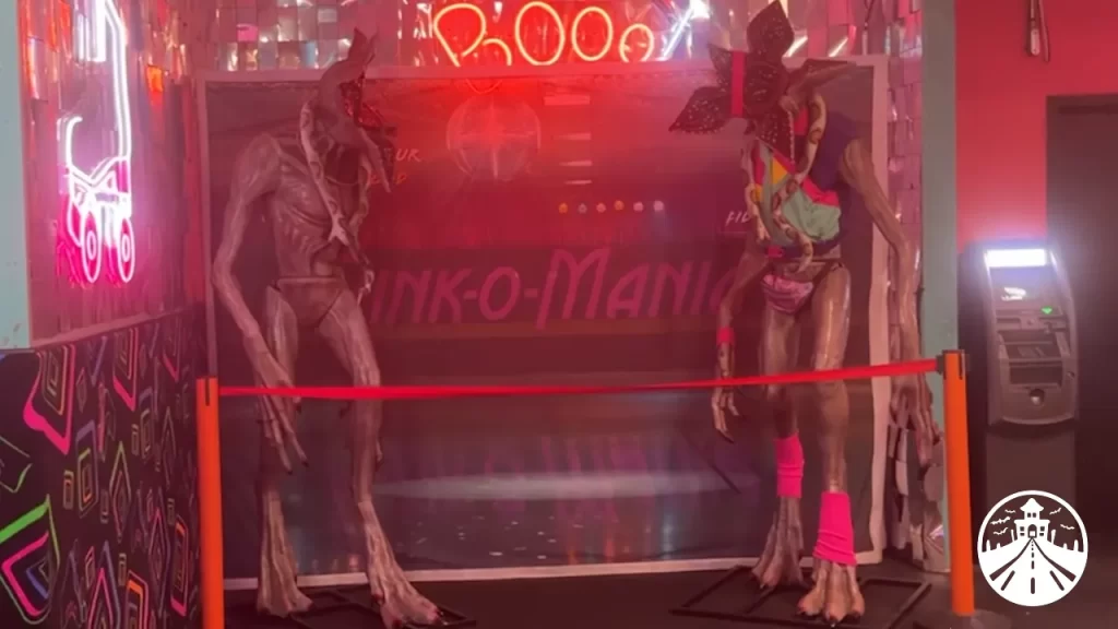 Demogorgon puppets dressed up at entrance of Skate-O-Mania, Stranger Things filming location.