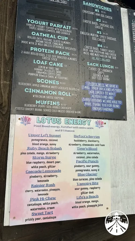 The menu board at Mocha Motion, Forks