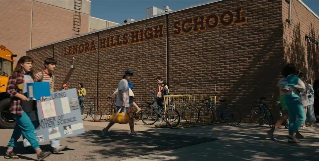 Exterior of Lenora Hills High School in Stranger Things Season 4.