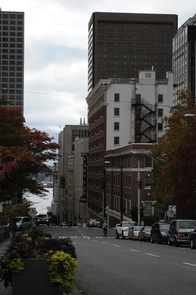 The view from Spring and 7th, Seattle looking toward the water.