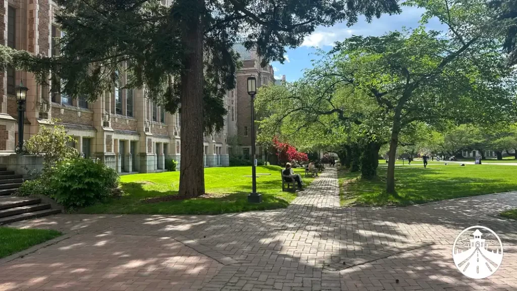 Present-day view of Miller Hall at the University of Washington, photographed from the same angle as the group scene in Rose Red.